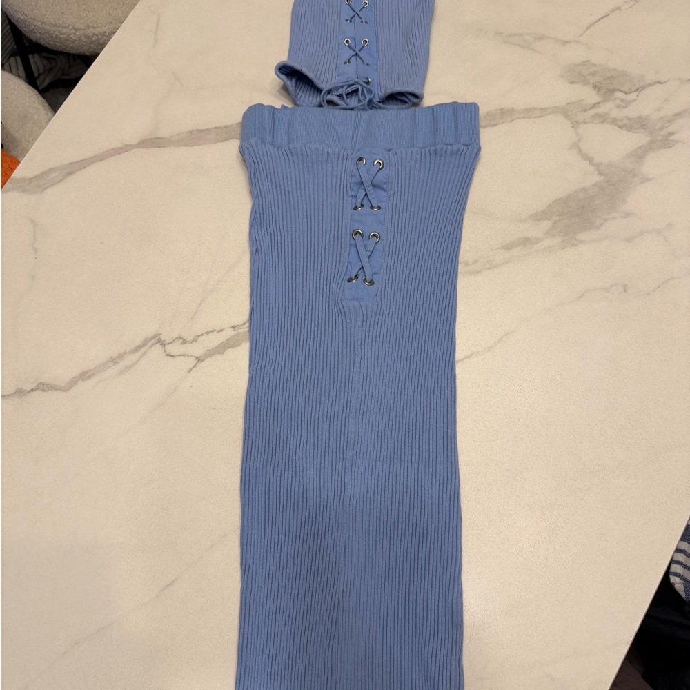 Blue Ribbed Knit pencil skirt with Lace-Up Detail